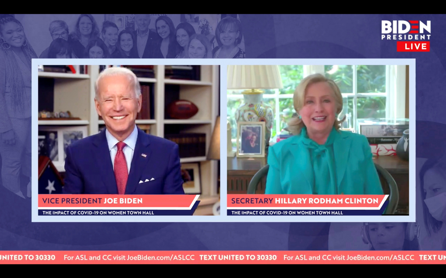 Democratic U.S. presidential candidate Joe Biden reacts as Hillary Clinton endorses him for president during online town hall