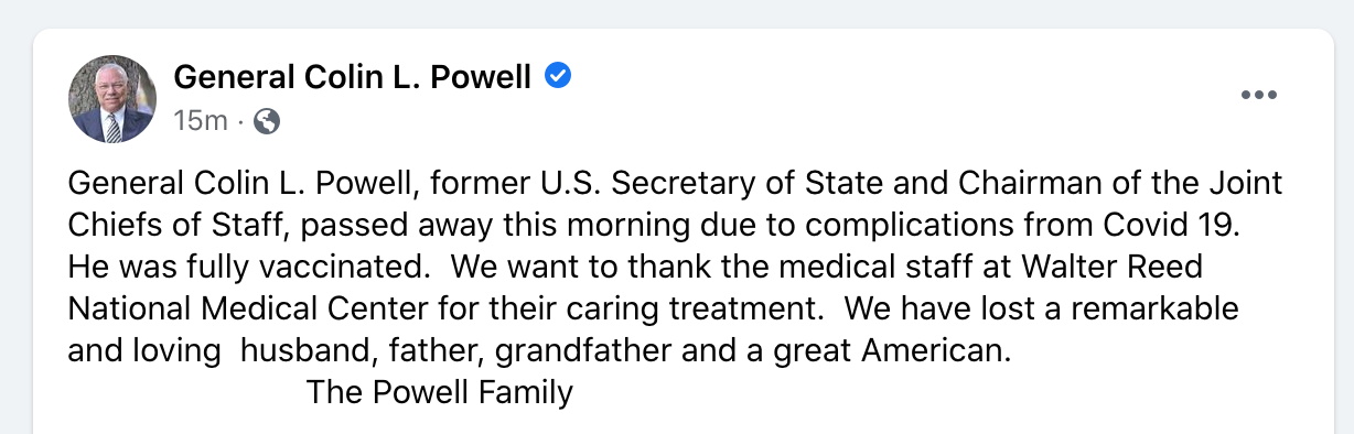 Former U.S. Secretary of State Powell dies of COVID-19 complications